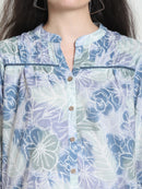 Frempy Women Blue Floral Printed Pure Cotton Top