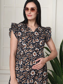 Frempy Women Black Floral Printed Knee Length Dress