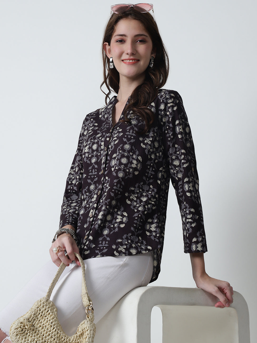 Coffee Brown Floral Printed Mandarin Collar Pure Cotton Top