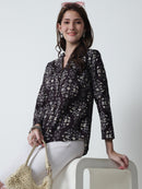 Coffee Brown Floral Printed Mandarin Collar Pure Cotton Top