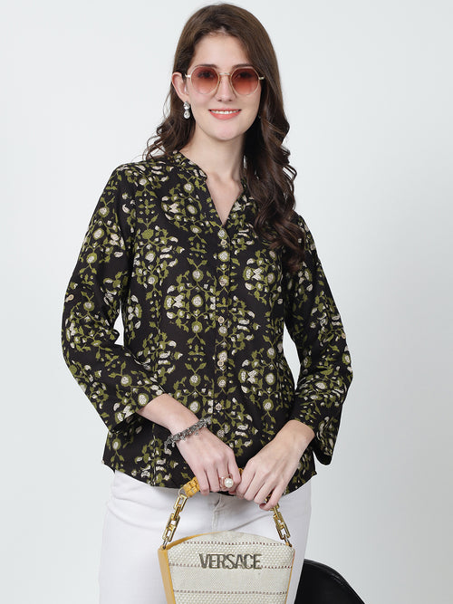 Brown Floral Printed Mandarin Collar Pure Cotton Top