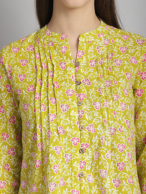 Mustard Floral Printed Pure Cotton Top