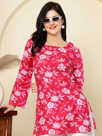 Pink Floral Printed A-Line Pure Cotton Short Kurti
