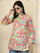 White Floral Printed  A-Line Pure Cotton Short Kurti