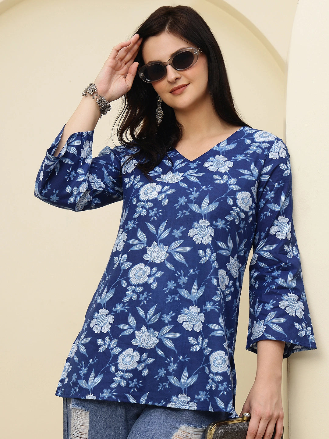 Navy Blue Floral Printed V-Neck Pure Cotton Short Kurti