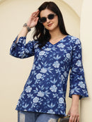 Navy Blue Floral Printed V-Neck Pure Cotton Short Kurti