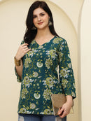 Green Floral Printed Pure Cotton Short Kurti