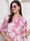 Frempy Women Fit and Flare Pink Floral Printed Maxi/Full Length Dress