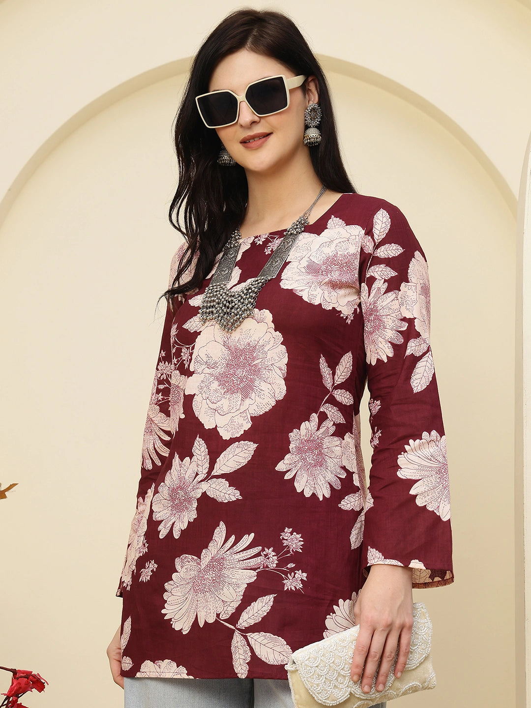 Maroon Floral Print Lace-Up Back Pure Cotton Short Kurti