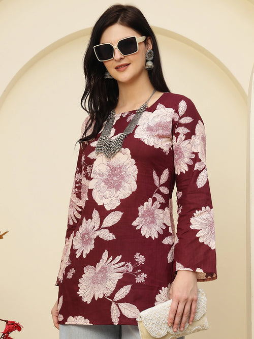Maroon Floral Print Lace-Up Back Pure Cotton Short Kurti