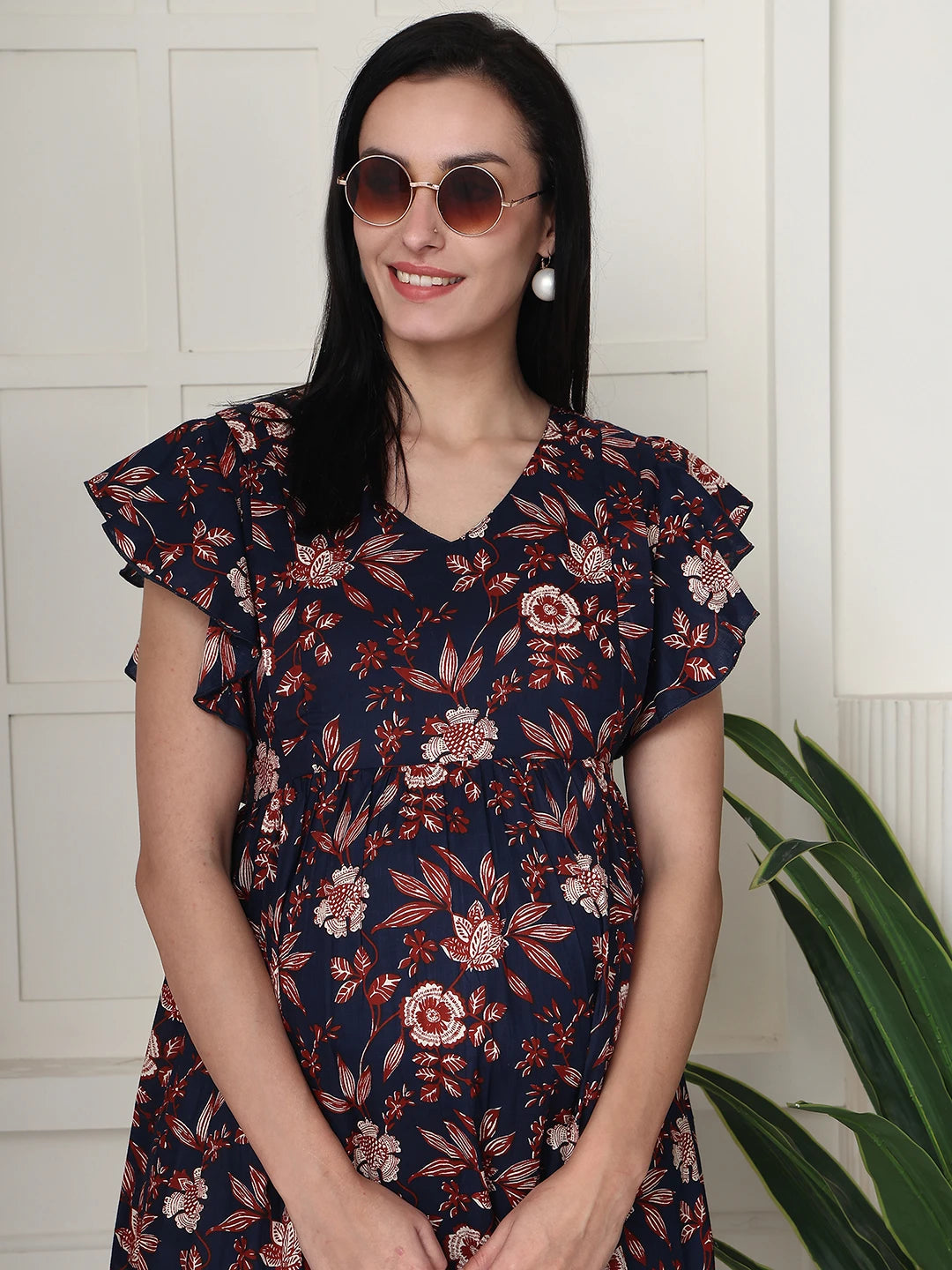 Frempy Women Fit and Flare Navy & Brown Floral Printed Midi Dress
