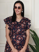 Frempy Women Fit and Flare Navy & Brown Floral Printed Midi Dress