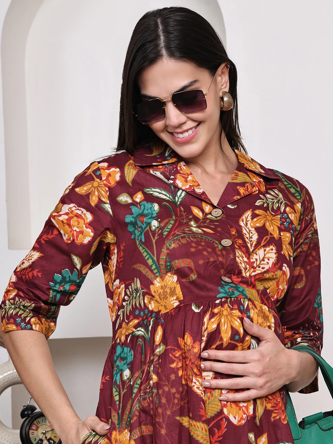 Frempy Women Fit and Flare Maroon Floral Printed Maxi/Full Length Dress