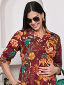 Frempy Women Fit and Flare Maroon Floral Printed Maxi/Full Length Dress