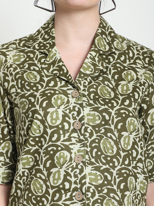 Olive Floral Pure Cotton Short Top