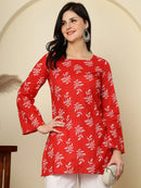 Red Leaf Printed  Lace-Up Back Pure Cotton Short Kurti