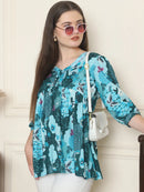 Frempy Women Teal Printed Pure Cotton Top