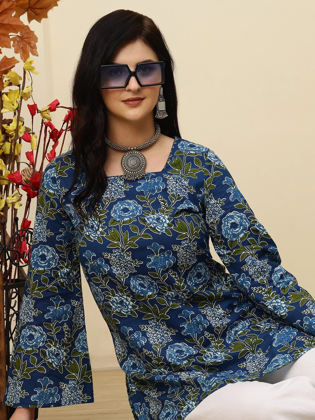 Teal Blue Floral Bell Sleeve Pure Cotton Short Kurti