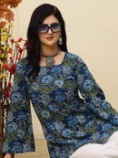 Teal Blue Floral Bell Sleeve Pure Cotton Short Kurti