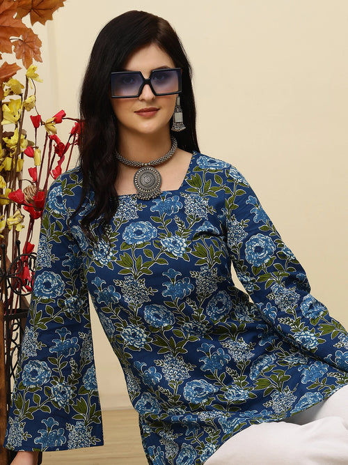 Teal Blue Floral Bell Sleeve Pure Cotton Short Kurti