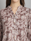 Camel Brown Floral Printed Pure Cotton Top