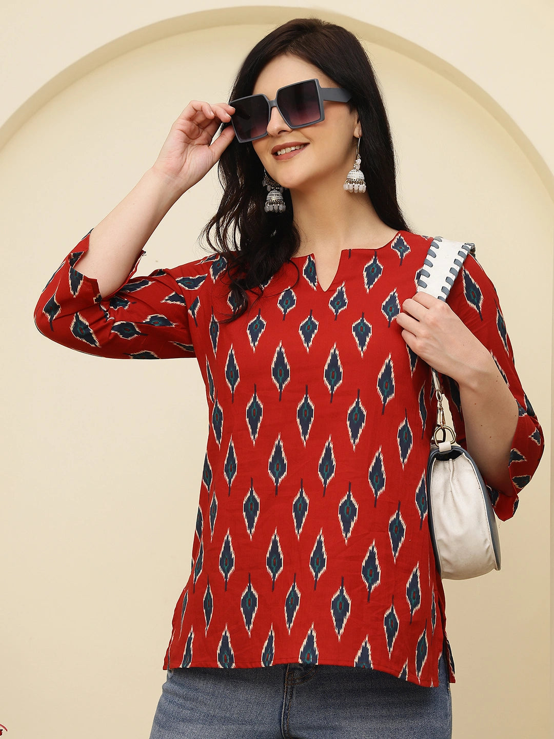 Red Ikat Printed  Pure Cotton Short Kurti