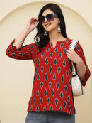 Red Ikat Printed  Pure Cotton Short Kurti