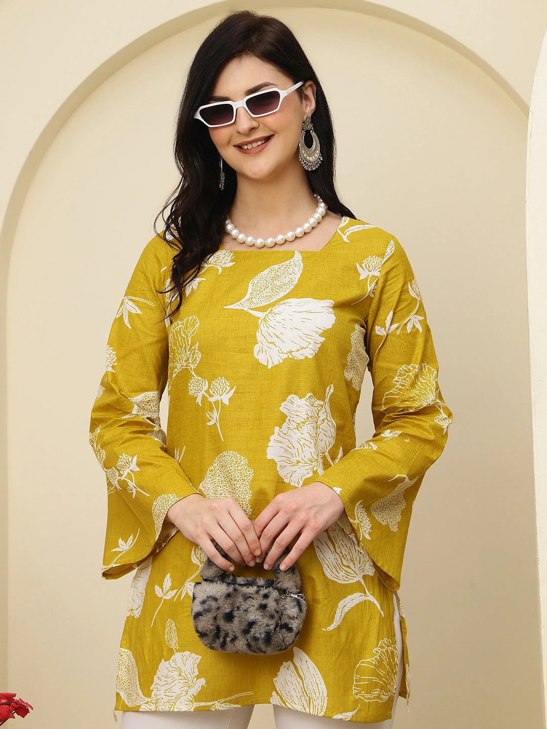 Mustard Floral Bell Sleeve Pure Cotton Short Kurti