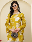 Mustard Floral Bell Sleeve Pure Cotton Short Kurti