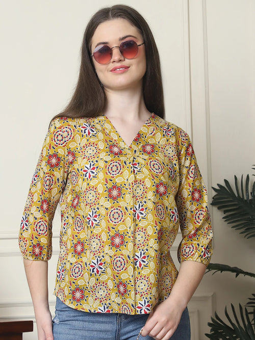 Frempy Women Yellow Floral Printed Pure Cotton Top