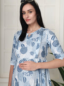 Frempy Women Light Blue Printed Maternity Dress