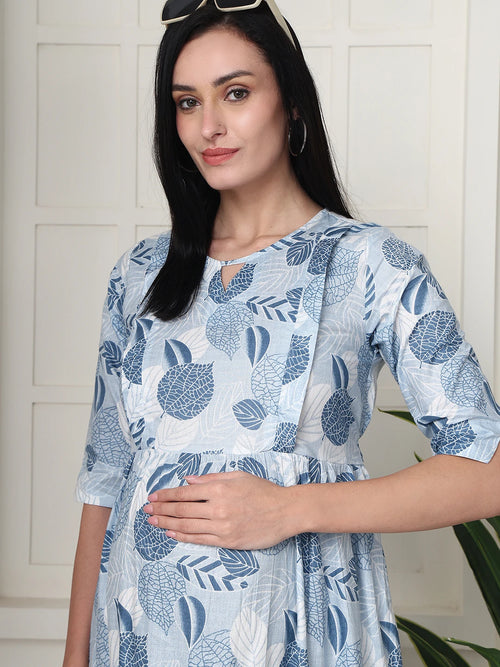 Frempy Women Light Blue Printed Maternity Dress