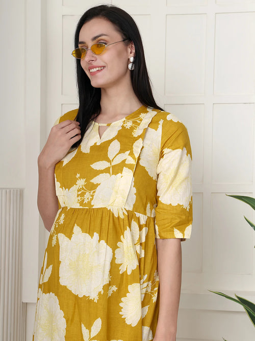 Frempy Women Yellow Floral Printed  Maternity Dress