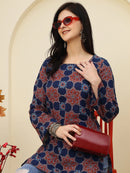Navy Blue Ajrakh Printed A-Line Pure Cotton Short Kurti