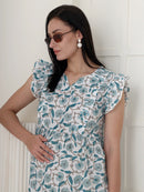 Frempy Women Teal Floral Printed Knee Length Maternity Dress