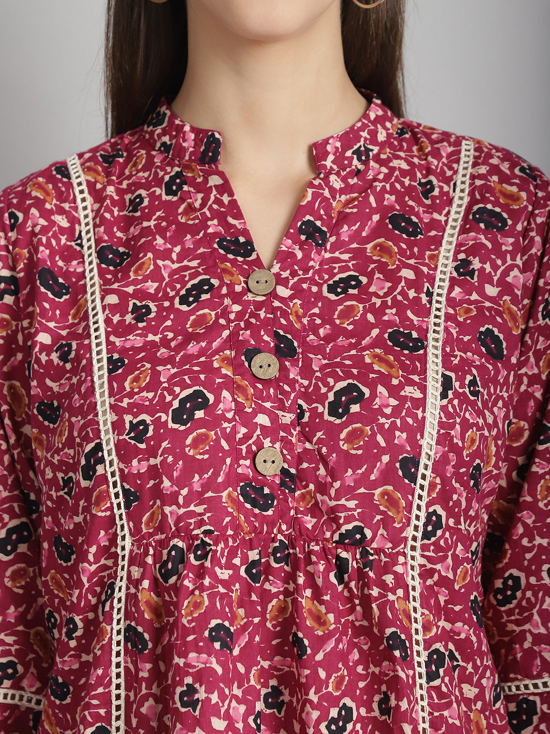 Burgundy Floral Printed Floral Pure Cotton Top