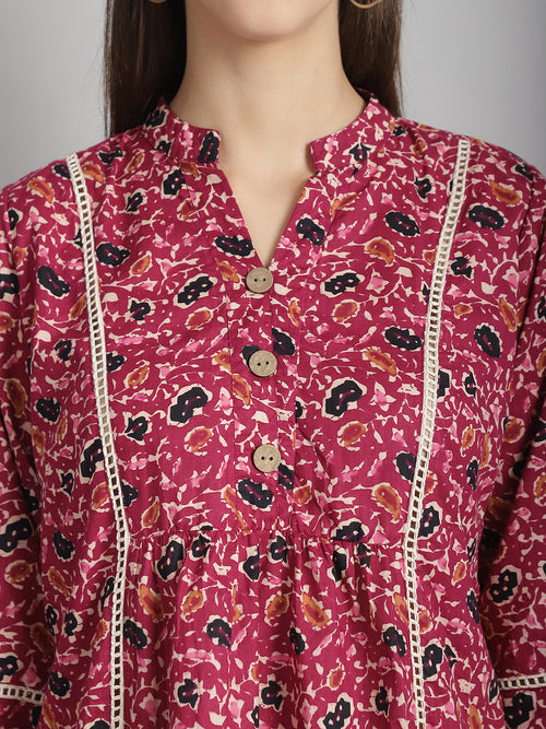 Burgundy Floral Printed Floral Pure Cotton Top