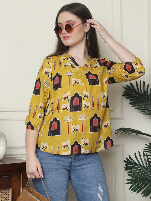 Frempy Women Mustard Yellow Printed Pure Cotton Top