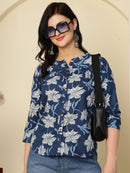 Navy Blue Floral Buttoned Mandarin Collar Cotton Top