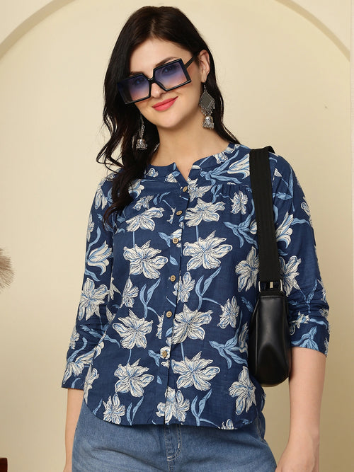 Navy Blue Floral Buttoned Mandarin Collar Cotton Top