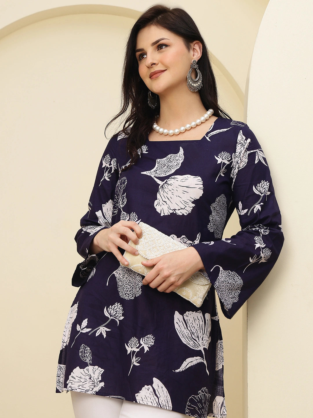Navy Floral Bell Sleeve Pure Cotton Short Kurti