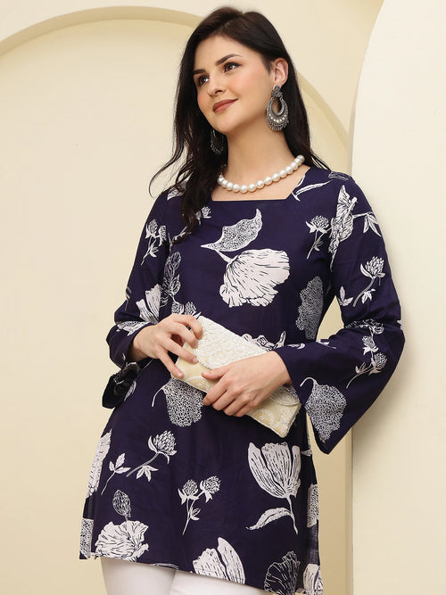 Navy Floral Bell Sleeve Pure Cotton Short Kurti