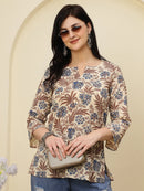 Cream Floral Printed V-Neck Pure Cotton Short Kurti