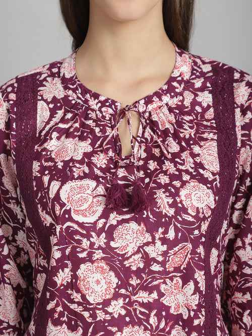 Magenta Floral Printed Floral Pure Cotton Top