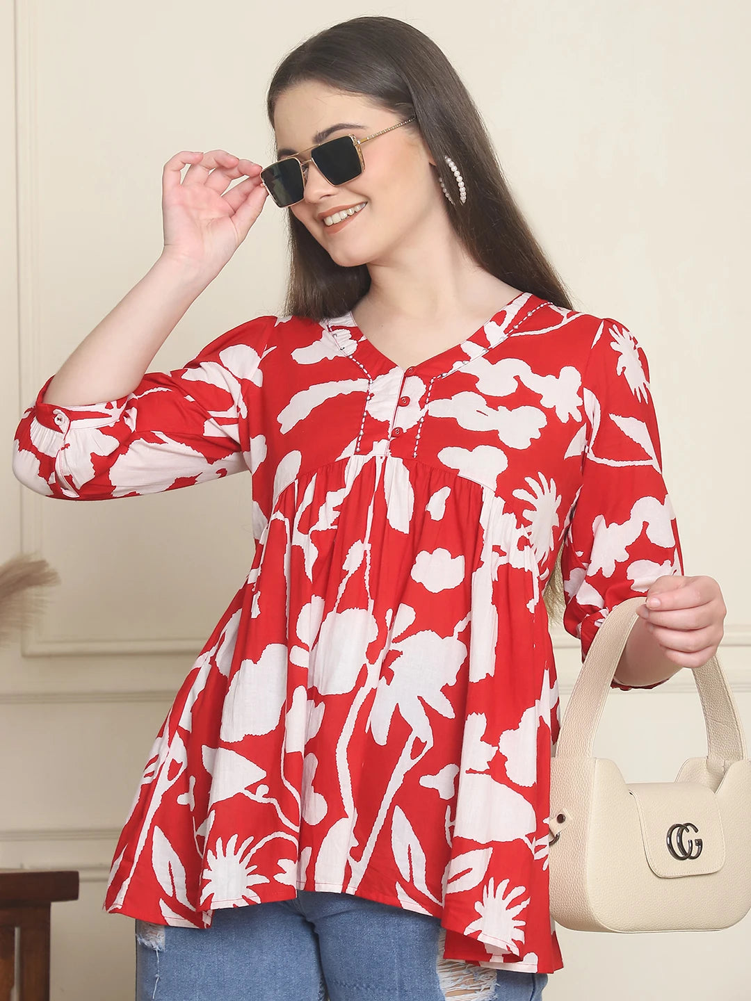 Frempy Women Red Abstract Printed Pure Cotton Top