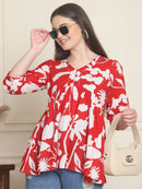 Frempy Women Red Abstract Printed Pure Cotton Top