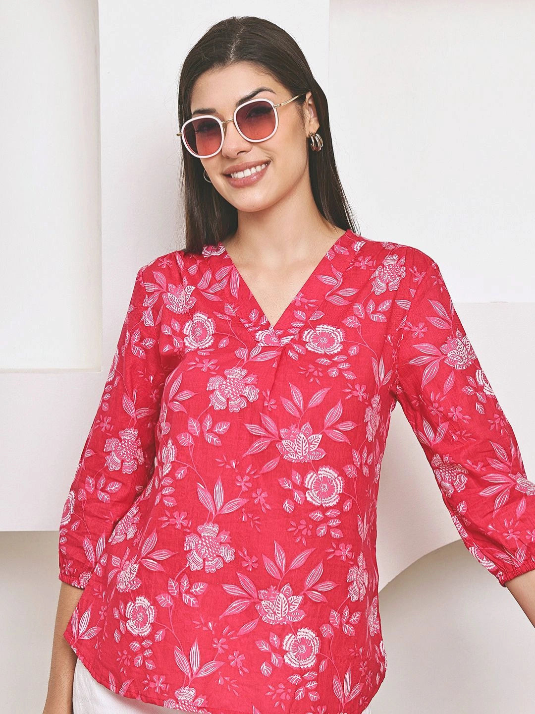 Frempy Women Pink Floral Printed Pure Cotton Top