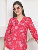Frempy Women Pink Floral Printed Pure Cotton Top