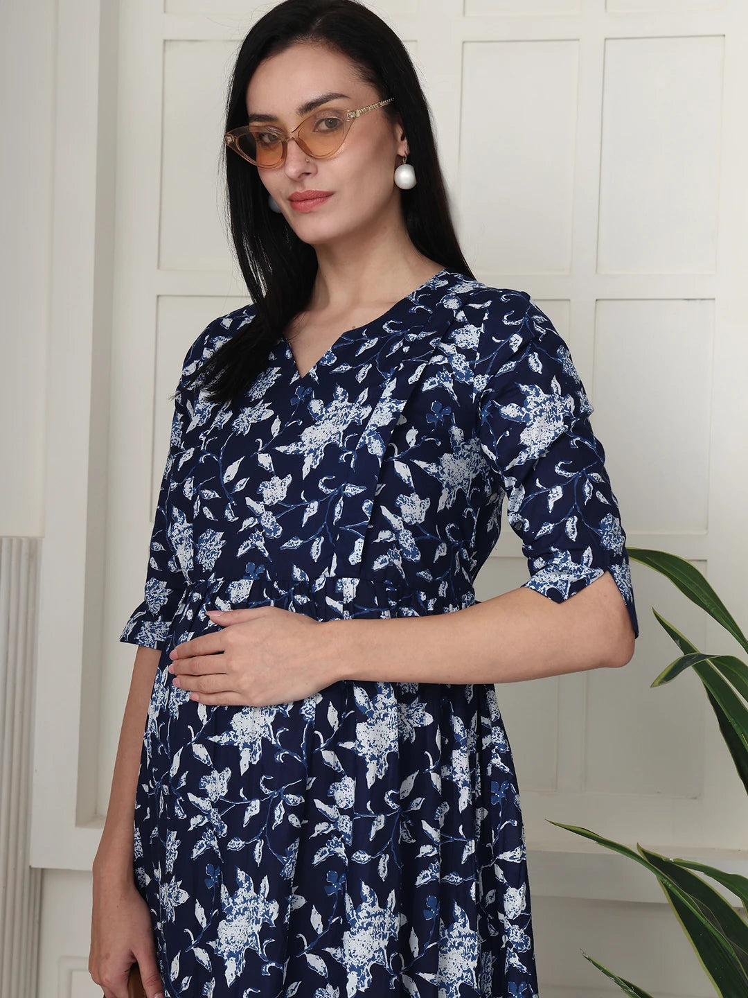 Frempy Women Navy Blue Floral Printed  Maternity Dress