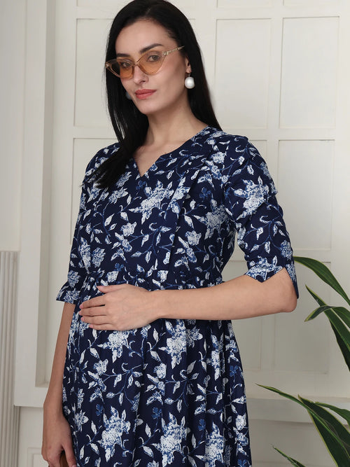 Frempy Women Navy Blue Floral Printed  Maternity Dress